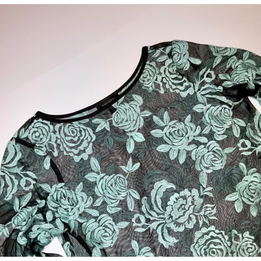 Karen Kane Womens L Sheer Floral Embroidered Top Black Whimsigoth Feminine Fairy